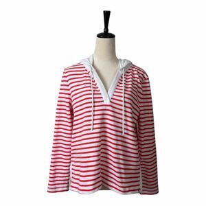 Talbots Hooded Knit Top White Pink Stripe Sporty Pullover Women’s Petite Large
